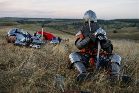premium photo medieval knight  armor  helmet sitting
