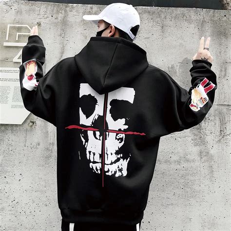 Mens Punk Style Skull Print Hoodies Hooded Long Sleeve Sweatshirts Hip