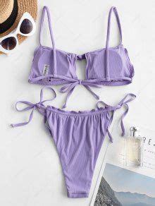 ZAFUL Ribbed Frilled Cutout Drawstring String Bikini Swimwear In PURPLE ZAFUL 2025