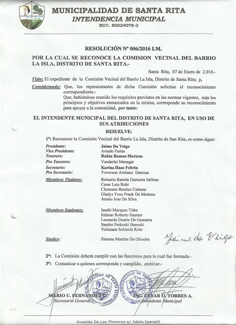 Resoluci N Comisi N Vecinal Del Barrio La Isla Municipalidad De Santa