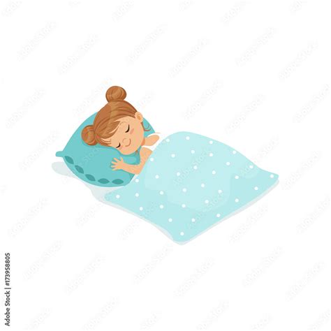 Sweet little girl sleeping on her bed cartoon character vector ...