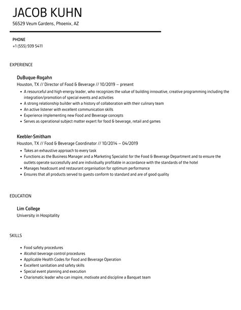 Food And Beverage Resume Samples Velvet Jobs