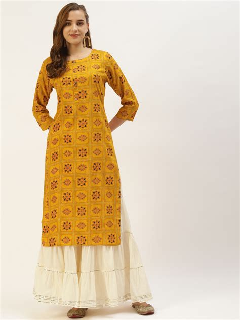 Buy Indyes Women Yellow Ethnic Motifs Printed Pure Cotton Kurta Kurtas For Women 15836110 Myntra