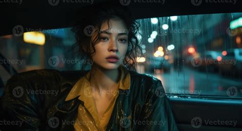 AI generated Beautiful woman sitting in car on rainy night, city