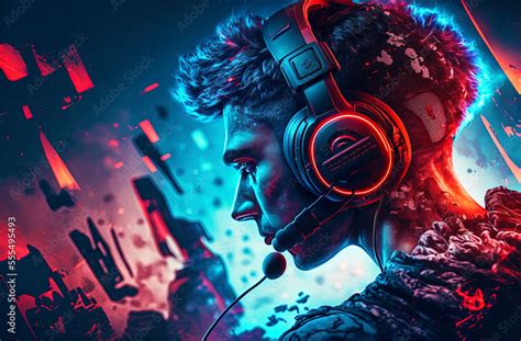 Scene Of Professional Esports Gamer In Profile Colored With Red And