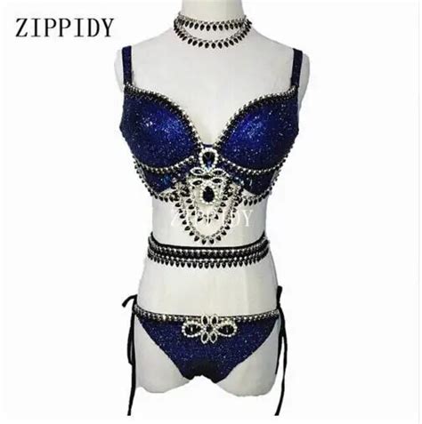 Sexy Dark Blue Crystals Bikini Bra Short Costume Sparkly Rhinestones