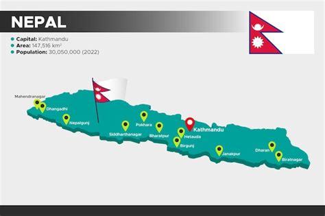 Nepal Isometrische 3d Illustratie Kaart Vlag Hoofdsteden Gebied