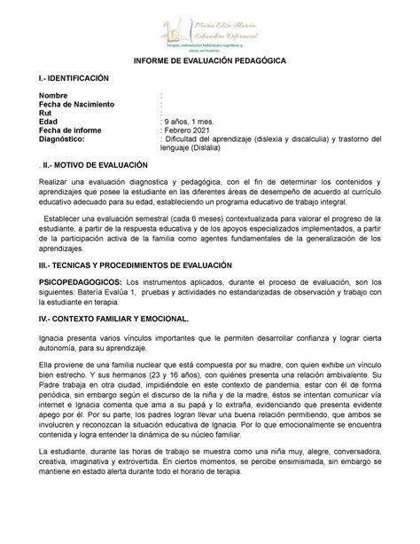 Informe DE Evaluación Pedagógica INFORME DE EVALUACIÓN PEDAGÓGICA I