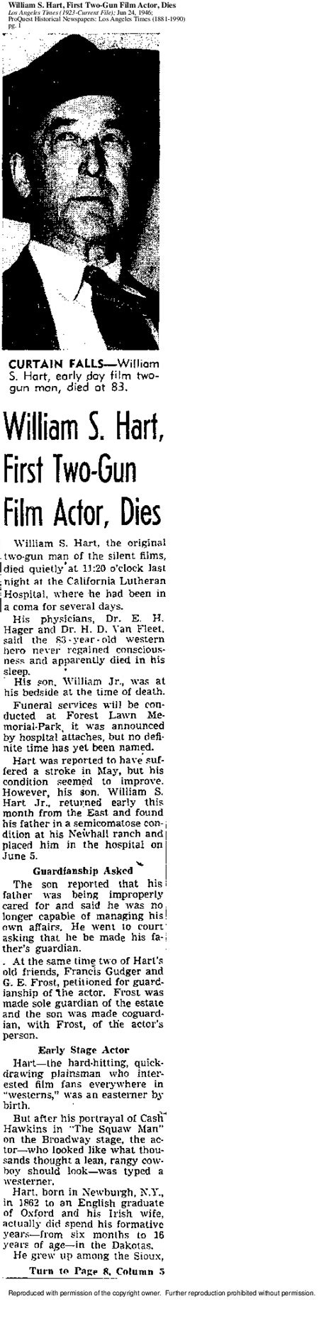 Hollywood Star Walk Obituaries William S Hart First Two Gun Film