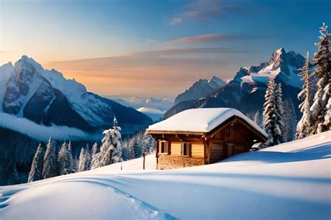 Premium Photo | A cabin in the mountains with snow on the roof