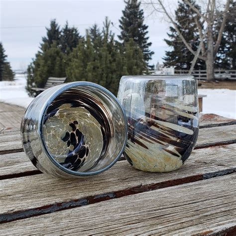 Set Of 2 Stemless Blown Glass Wine Glasses Scotch Glasses Whisky Glasses Chocolate Sand Swirl