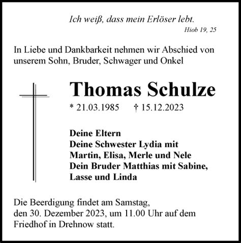 Traueranzeigen Von Thomas Schulze Lr Online Trauer De