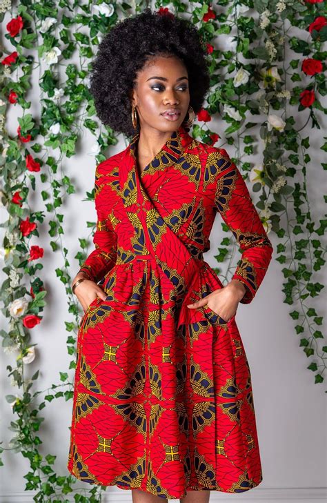 African Ankara Midi Knee Length Dress African Clothing African Print Dress Red African Wax