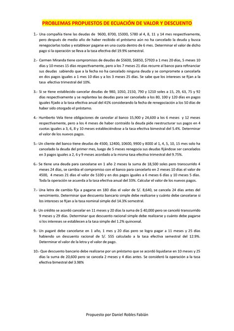 Problemas Propuestos De Ecuación De Valor Y Descuento Matemáticas