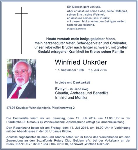 Alle Traueranzeigen für Winfried Unkrüer trauer rp online de