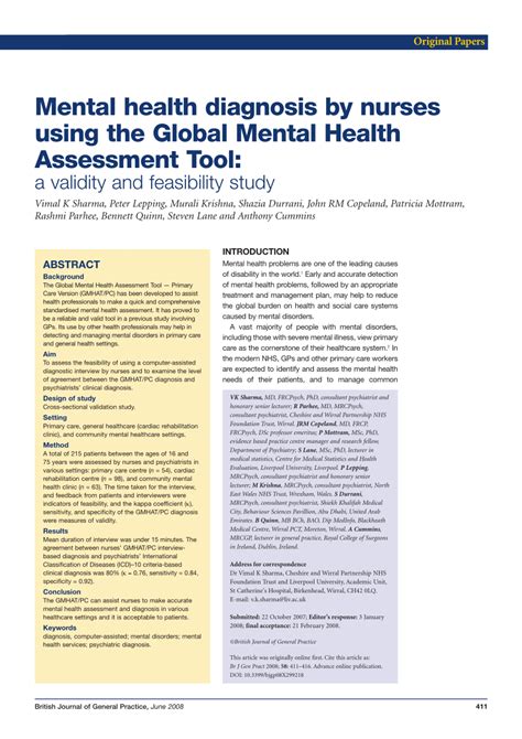 Pdf Mental Health Diagnosis By Nurses Using The Global Mental Health Assessment Tool A