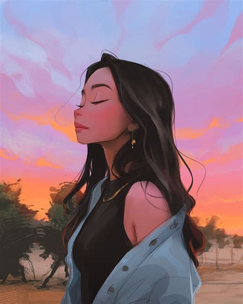 Artstation Sunset Sam Yang Digital Art Girl Girl Cartoon