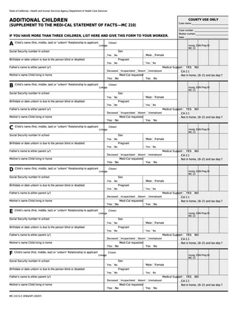 Fillable Form Mc 210 S C Additional Children Ninos Adicionales