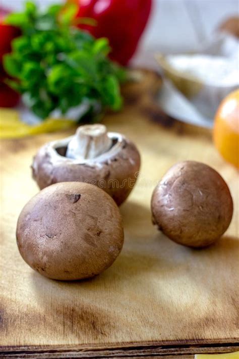 Portobello Champignon on a Kitchen Wooden Table Stock Image - Image of ...