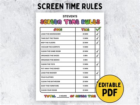 Editable Screen Time Chart Kids Digital Screen Time Chore Chart Kids