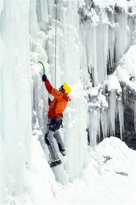 Ice Climbing Man Climbing Frozen Waterfall Stock Image Image Of