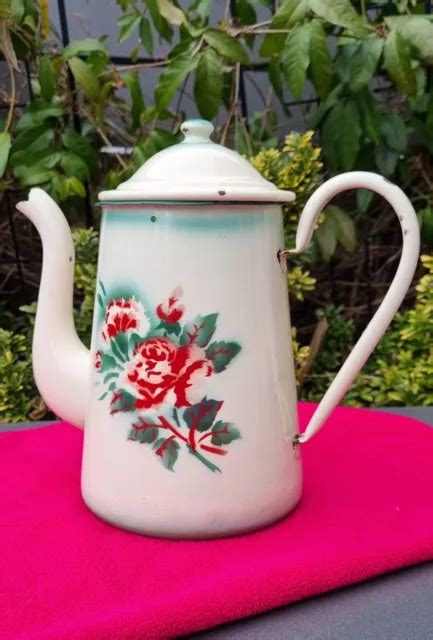 ANCIENNE CAFETIÈRE ÉMAILLÉE Fleurs décor floral VINTAGE tôle BE