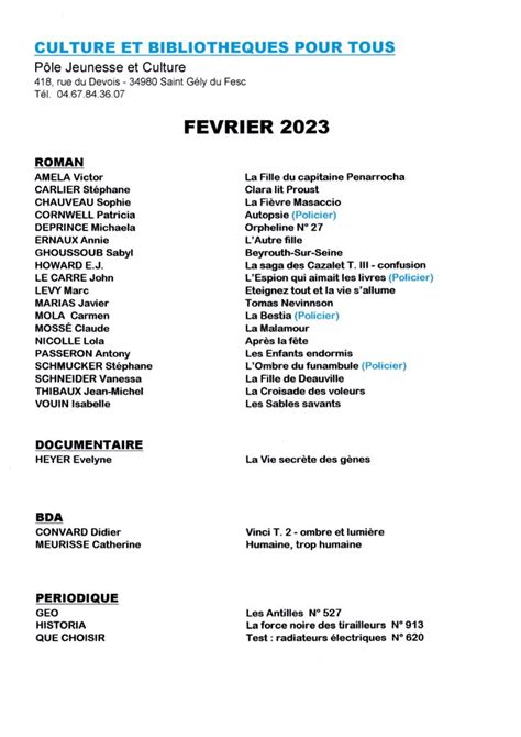 Bibliothèque de Saint Gély du Fesc Liste des parutions Février 2023