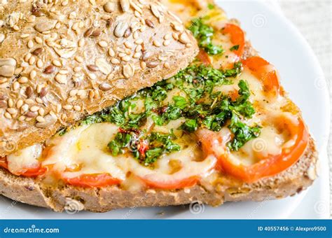 Sandwich With Melted Cheese And Tomatoes Stock Photo Image Of Knife