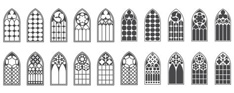 Church windows set. Silhouettes of gothic arches in line and glyph ...