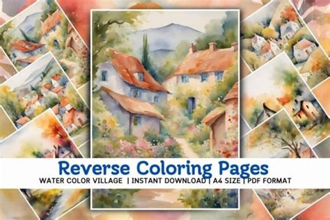 Watercolor Village Reverse Coloring Page Graphic By Catchy Ideaz