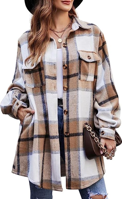 Women Shacket Jacket Long Sleeve Fall Plaid Flannel Shirts Jacket Wool