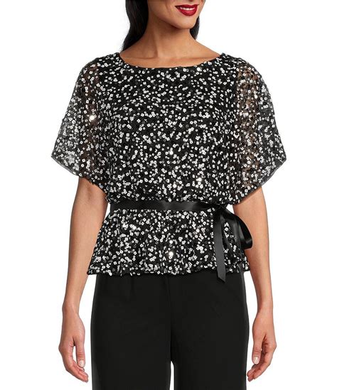 Alex Evenings Short Sleeve Sequin Scoop Neck Tie Waist Blouson Blouse