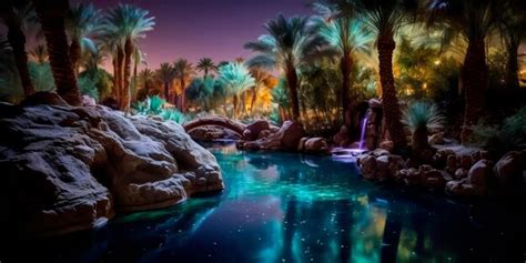 Premium Photo Tranquility Of A Mystical Oasis In The Desert Bathed In