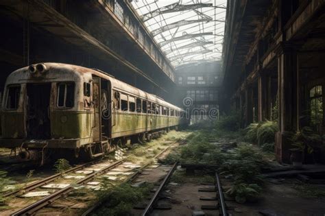 Post Apocalyptic City With Abandoned Train Station And Trains