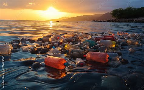 spazzatura inquinante di pezzi di plastica e bottiglie nel mare, concetto di inquinamento da ...