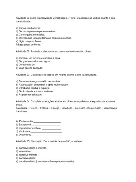 Transitividade Verbal 7 Ano Exercícios Pdf - Atividades de Transitividade Verbal 7º Ano | PDF