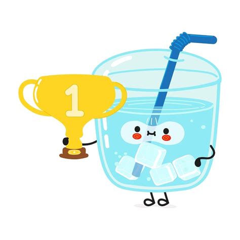 Premium Vector Cute Funny Glass Of Water Hold Gold Trophy Cup