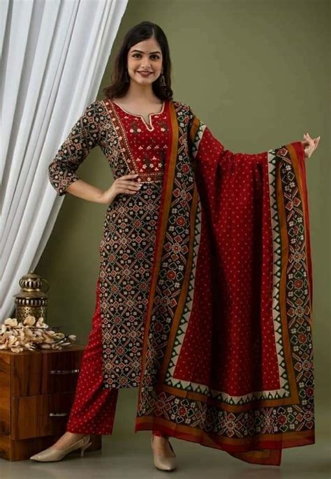 Indian Women Kurti Dupatta Palazzo Set Cotton Dress Top Tunic Printed Kurta Pent Ebay