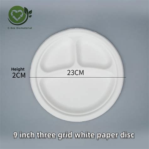 China 9 Inch Disposable 3 Compartment White Bagasse Paper Plates