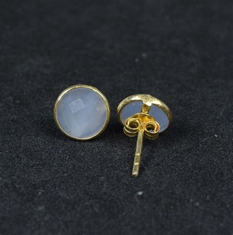 Solid Sterling Silver Ct Gold Overlay Cut Blue Chalcedony Stud