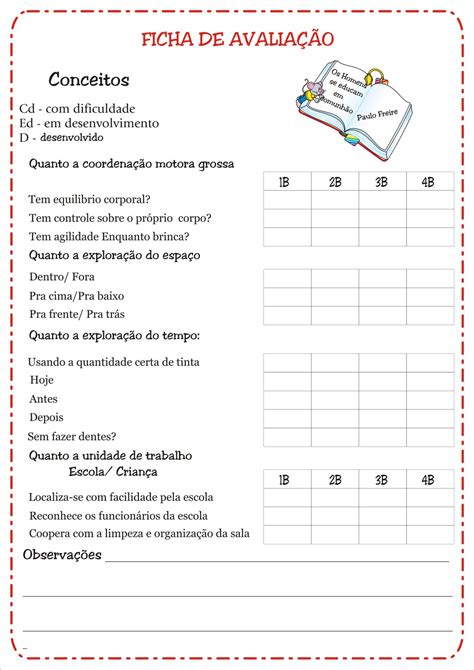 Fichas de Avaliação e Conceitos Educação Infantil Ideia Criativa