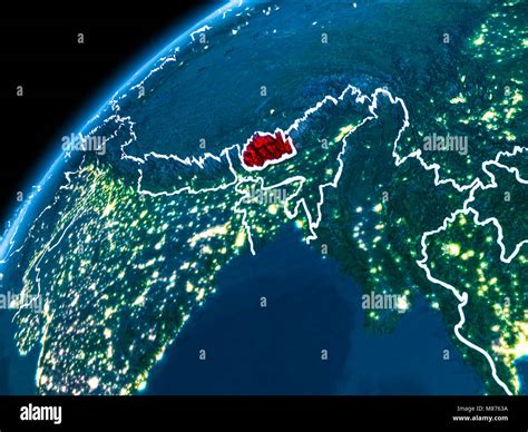 Bhutan Highlighted In Red From Earths Orbit At Night With Visible