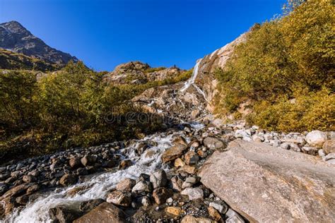 Small Waterfall in Mountain. Hiking and Eco Tourism in Caucasus Mountain. Travel Destinations ...