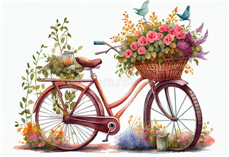 Watercolor Painting Of A Bicycle Full Of Flowers Generative Ai Stock