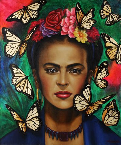 Signed Portrait Painting of Frida Kahlo from Mexico - Frida with Butterflies | NOVICA