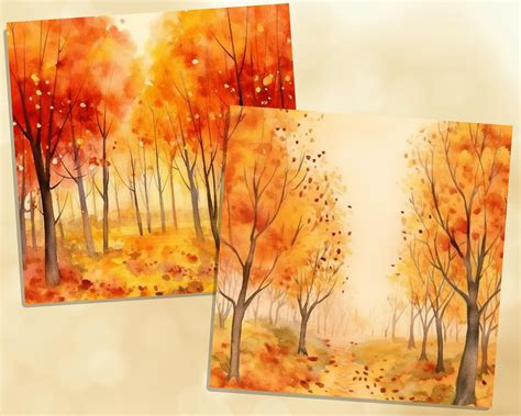 Printable Watercolor Autumn Forest Digital Papers Fall Trees Etsy