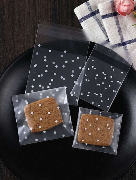 100pcs Clear Plastic Self Adhesive Candy Cookies Bag With White Polka