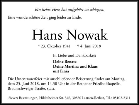 Traueranzeigen Von Hans Nowak Trauer Anzeigen De