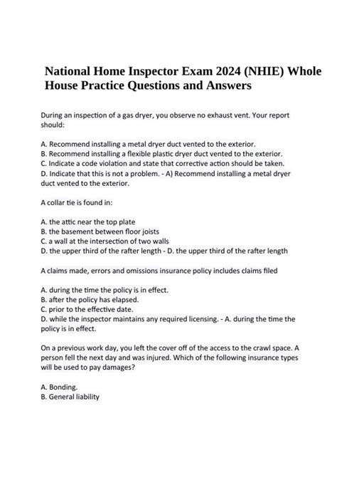 National Home Inspector Exam Nhie Whole House Practice Questions