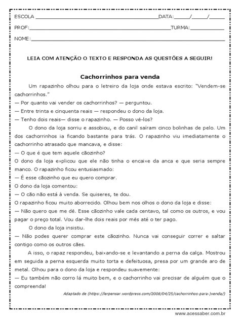 Leia O Texto E Responda As Questoes - Cachorrinhos para venda: Leia Com Atenção O Texto E Responda As ...